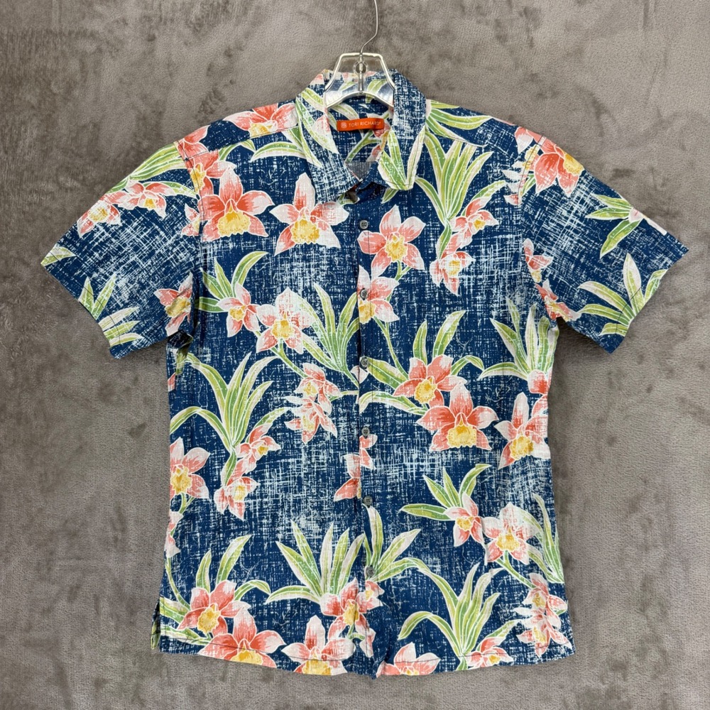 Tori Richard Mens Blue Tropical Orchid Floral Cotton Spandex Shirt Medium‎ M